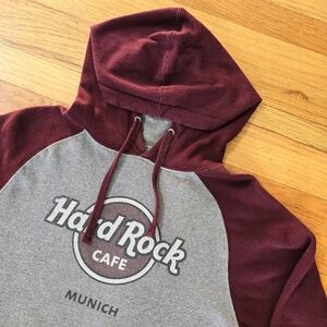 Vintage Hard Rock Cafe Munich Hoodie Sweatshirt size XS Marroon/Ash Grey